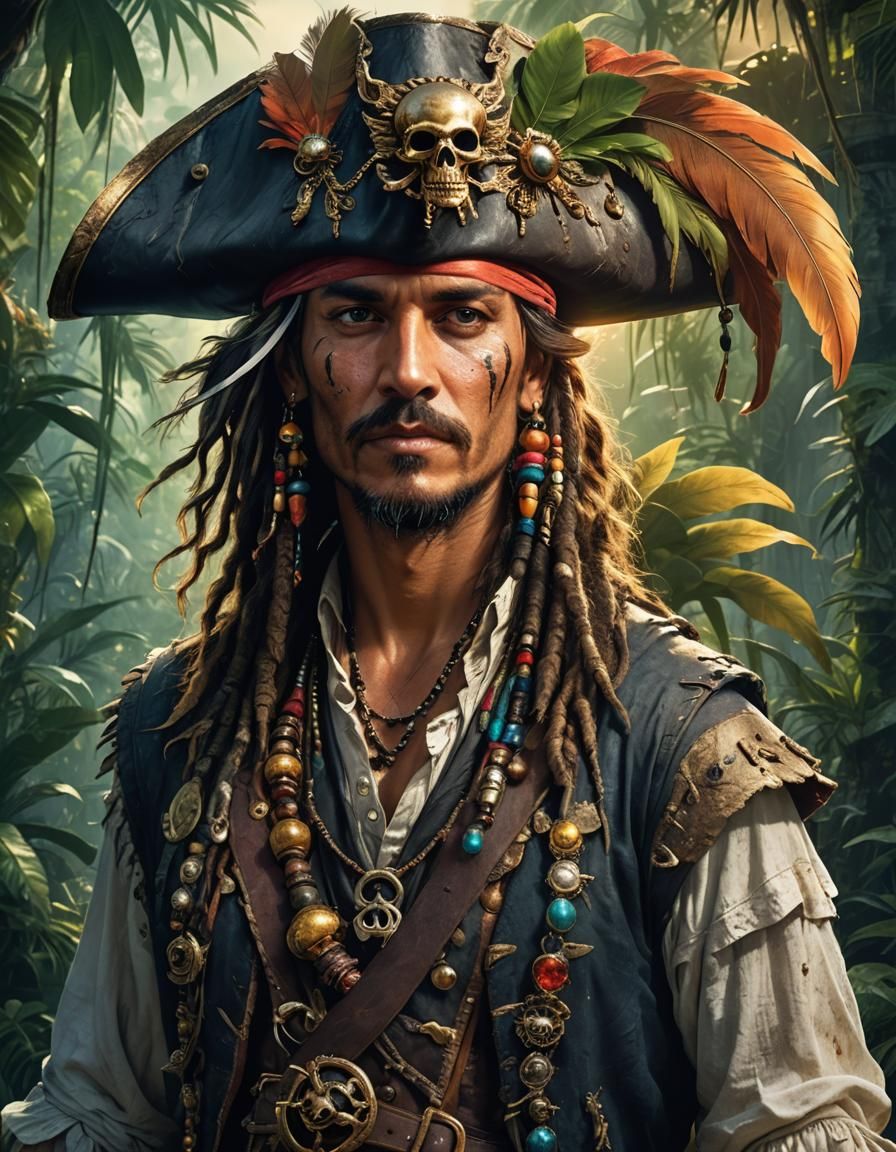 Pirate in Moonlit Jungle Ruin, Detailed Matte Painting