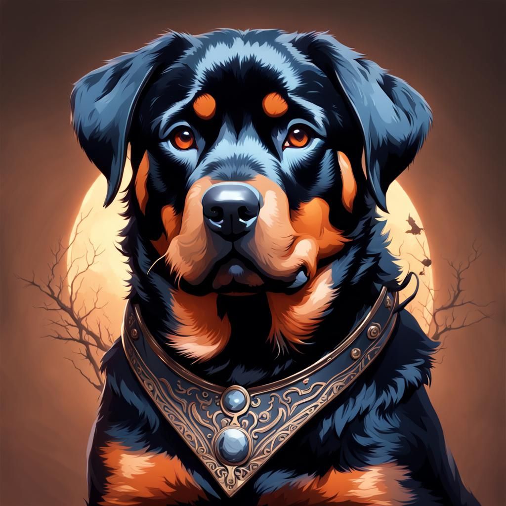 Halloween Rottweiler Puppy Portrait in Hyperdetailed Style