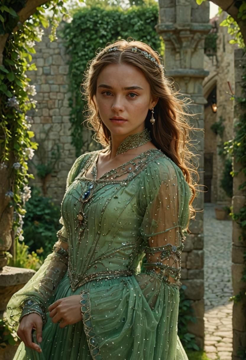 Fantasy Lady in Medieval Garden, Photorealistic Style