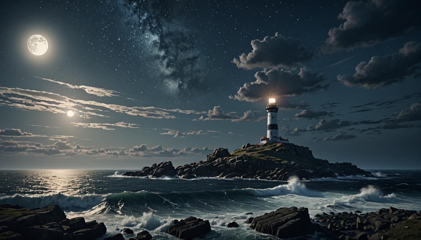 Lighthouse Beacon Shines on Stormy Seas