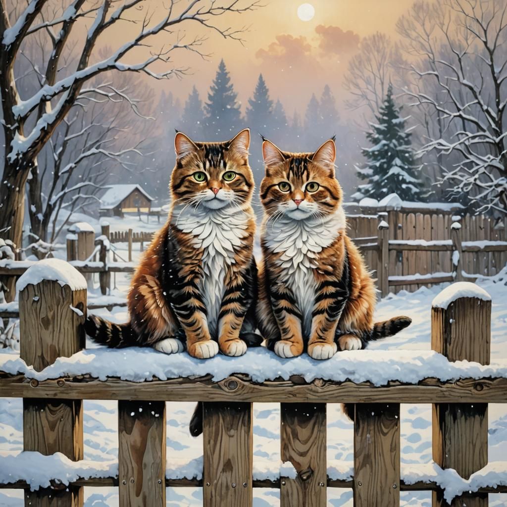 Cats on Snowy Fence, Winter Scene