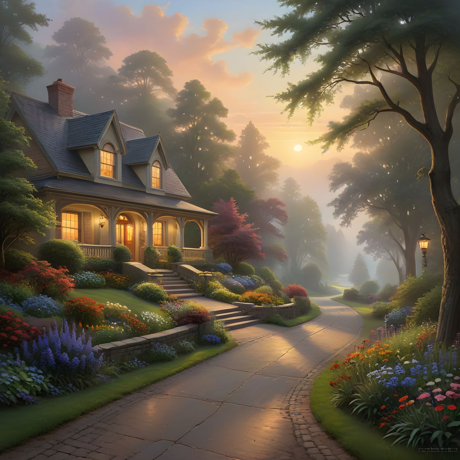 Winding Estate Drive in Serene Sunset Light