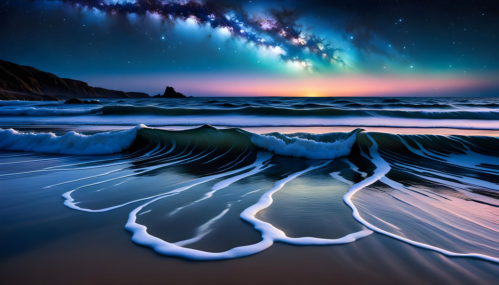 Cosmic Seascape Reflecting Starry Night in Oil Painting Styl...
