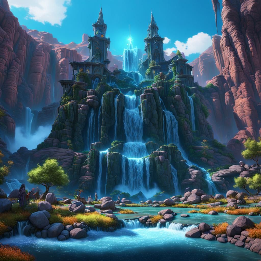 Fantastical Waterfall in Neverlands: Detailed Matte Painting