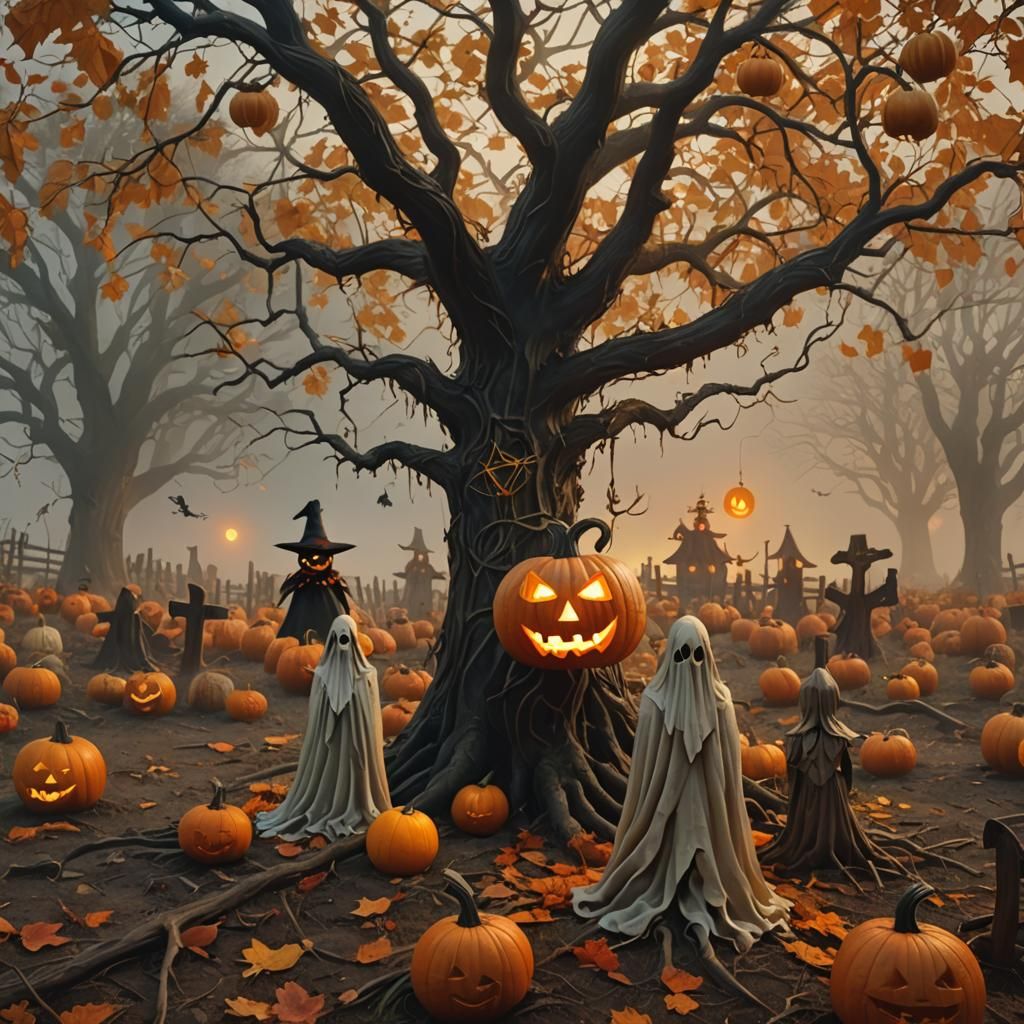Halloween Pumpkin Patch in Oil Painting Style