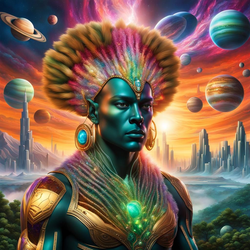 Hyperreal Alien Man in Futuristic Cityscape