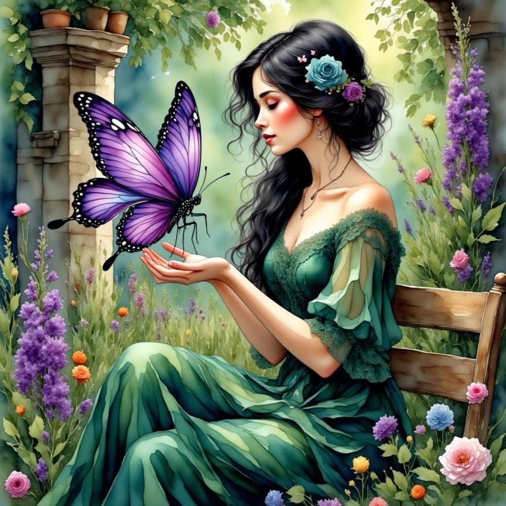 Dreamy Watercolour Lady in Emerald Gown with Majestic Butter...