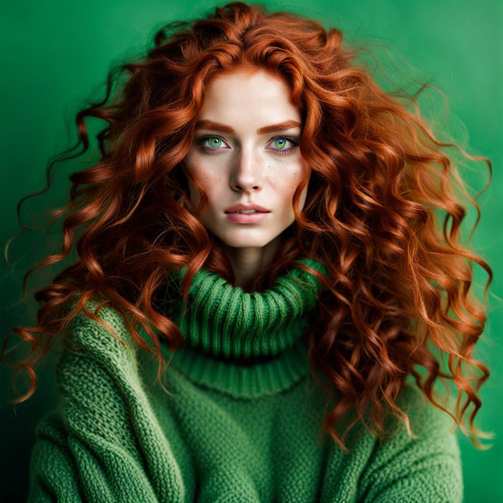 Ethereal Redhead with Freckles and Green Sweater