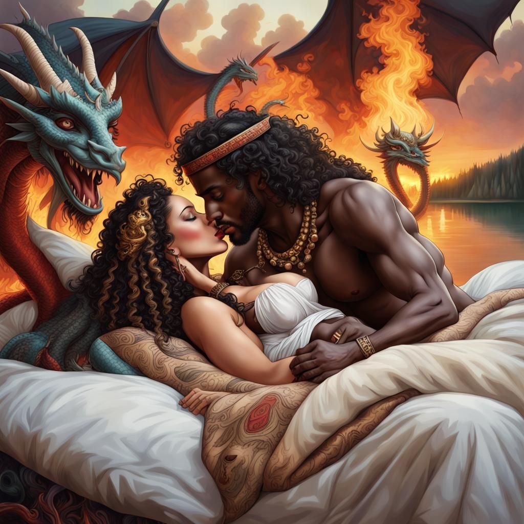 Romantic Embrace: Queen and Tribal Man Fantasy