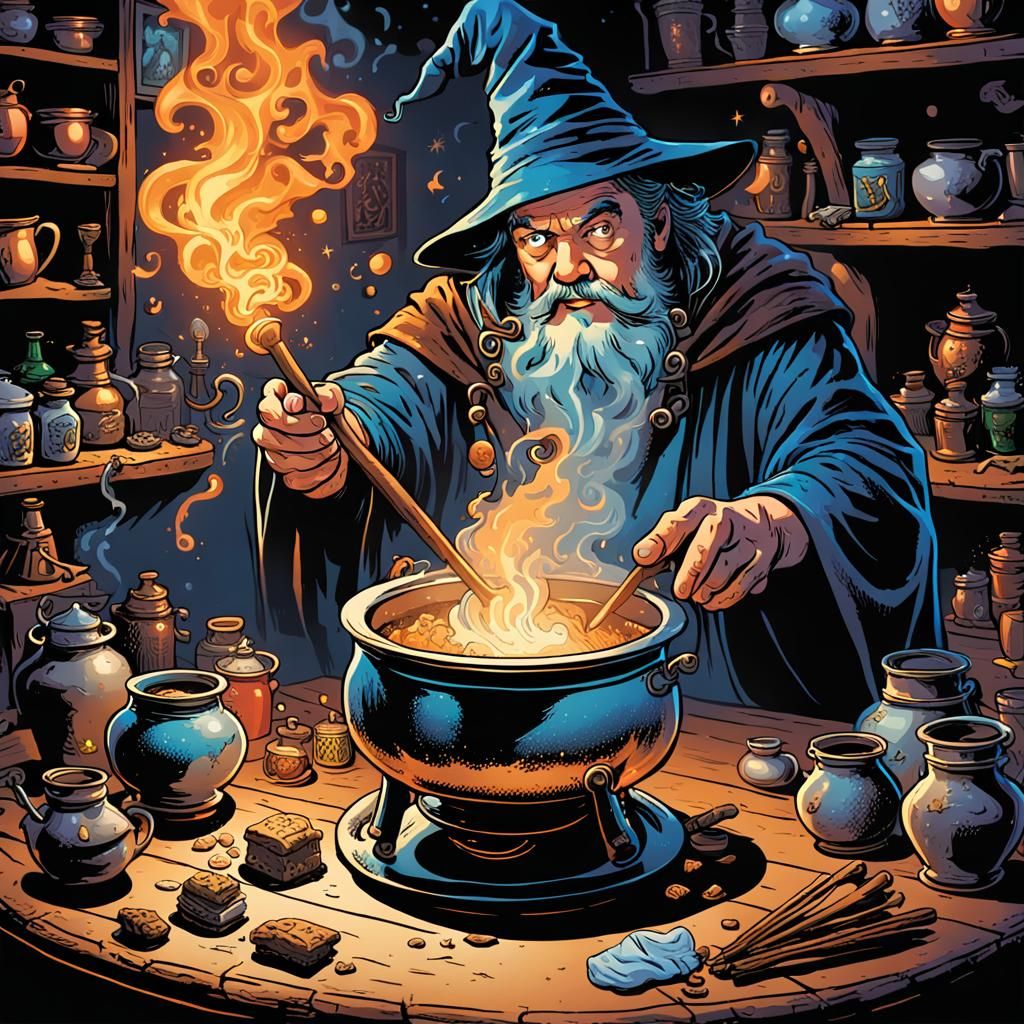 Wizard Stirring Cauldron in Comic Book Art Style