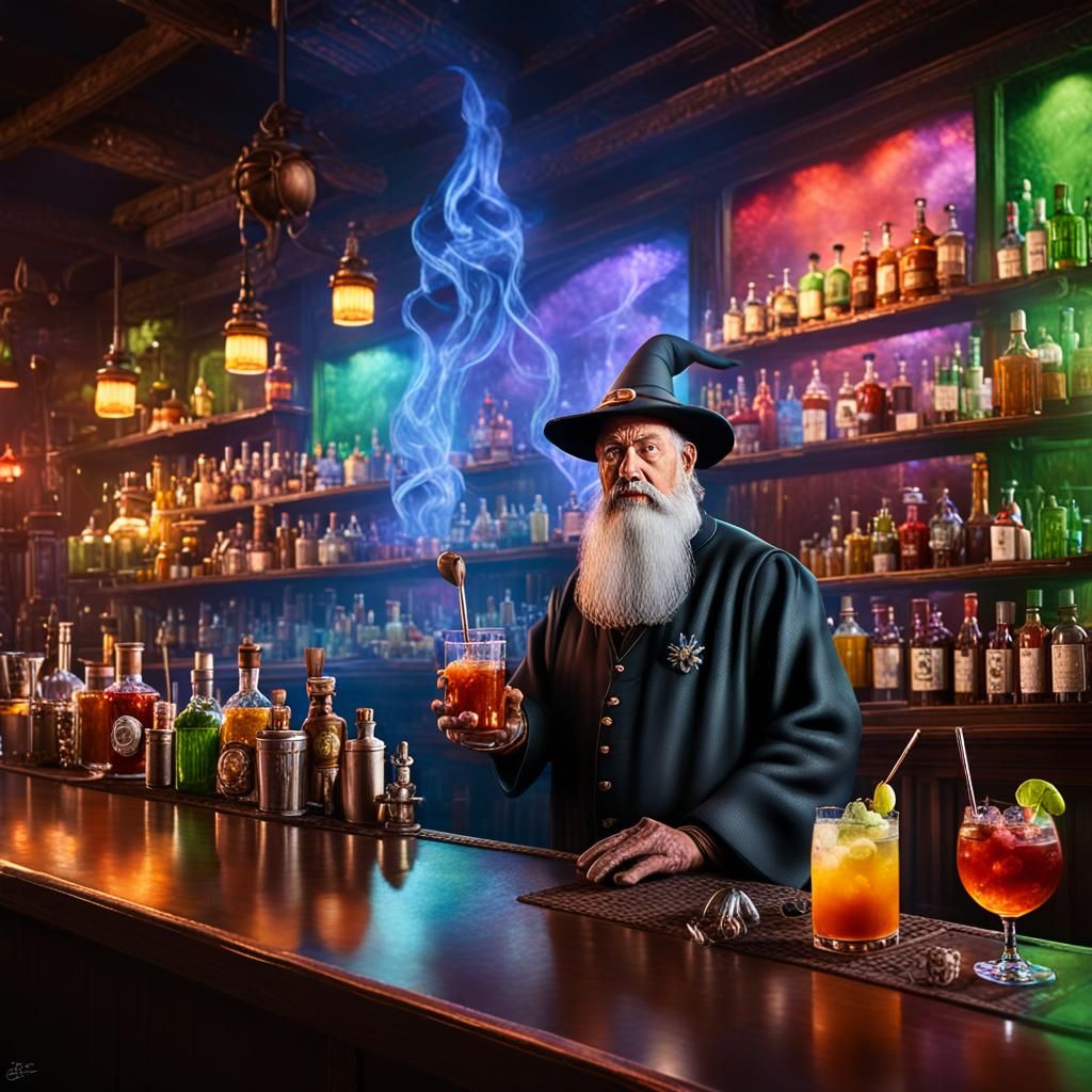 Wizard Mixologist at a Potions Bar