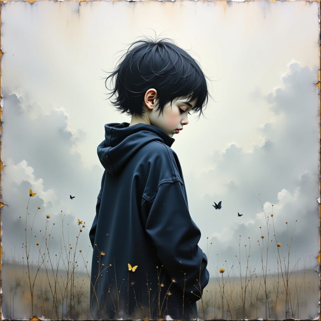Melancholic Child in Dreamlike Fog, as Impasto Painting