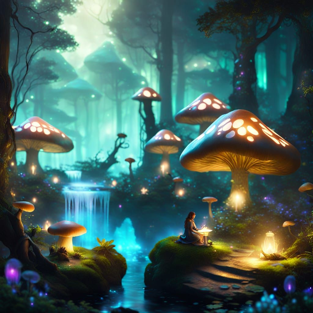 Ethereal Fairies Tend Glowing Mushrooms in Enchanted Forest