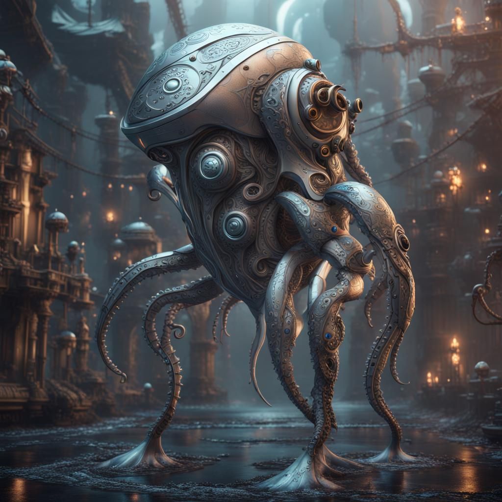 Silver Squid Robot: Detailed Fantasy Concept Art