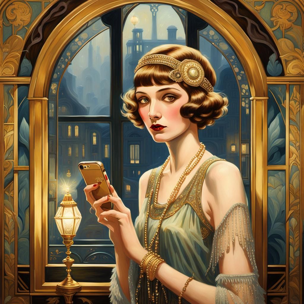 Flapper Promoting iPhone in 1920s Fantasy Oil Painting