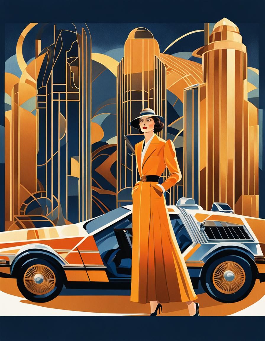 Art Deco DeLorean Car Poster in 1930s Style