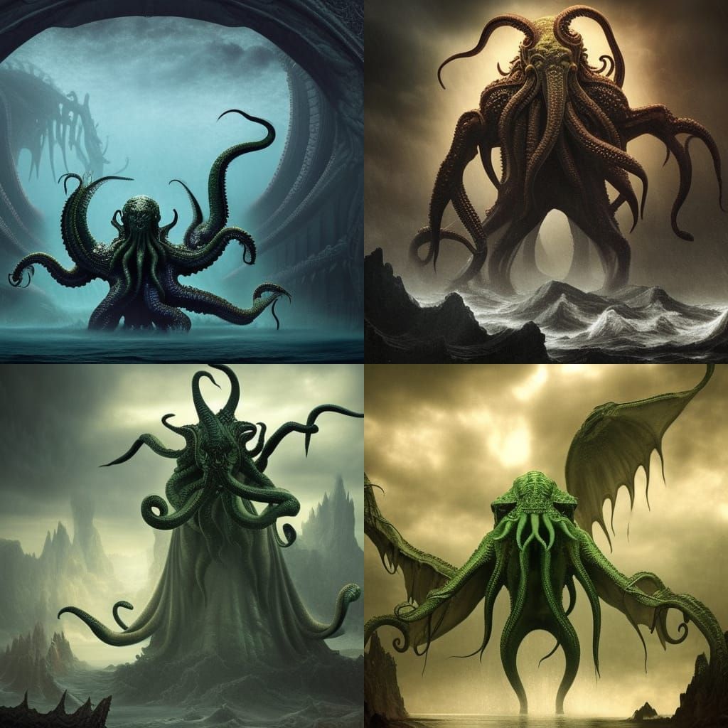 Cthulhu reaching out for a man, man screaming and crying trying to escape,