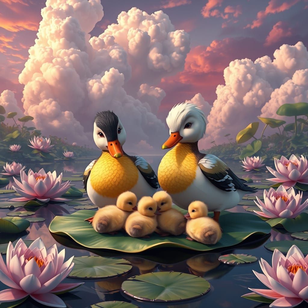 Vibrant Cartoon Ducks in Whimsical Waterland Scene