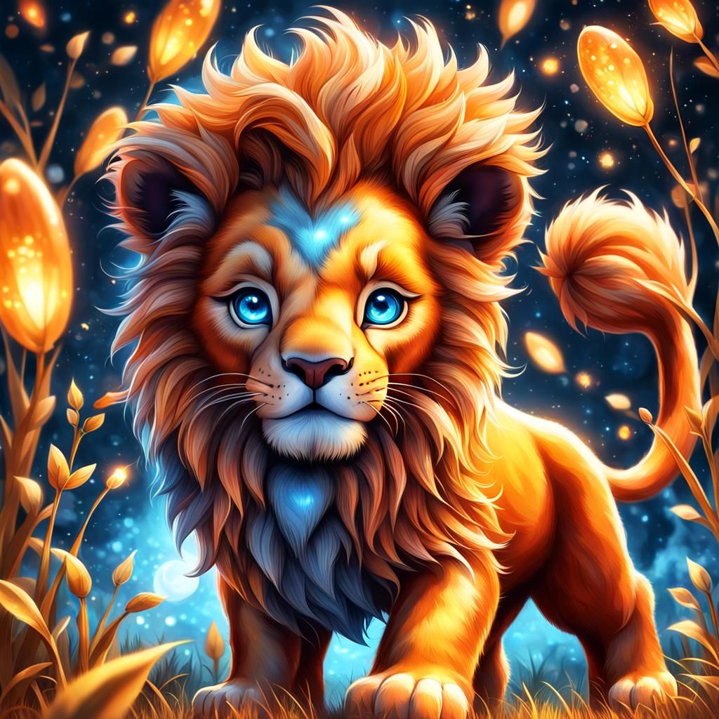 Hyperrealistic Orange Lion with Fireflies Digital Art