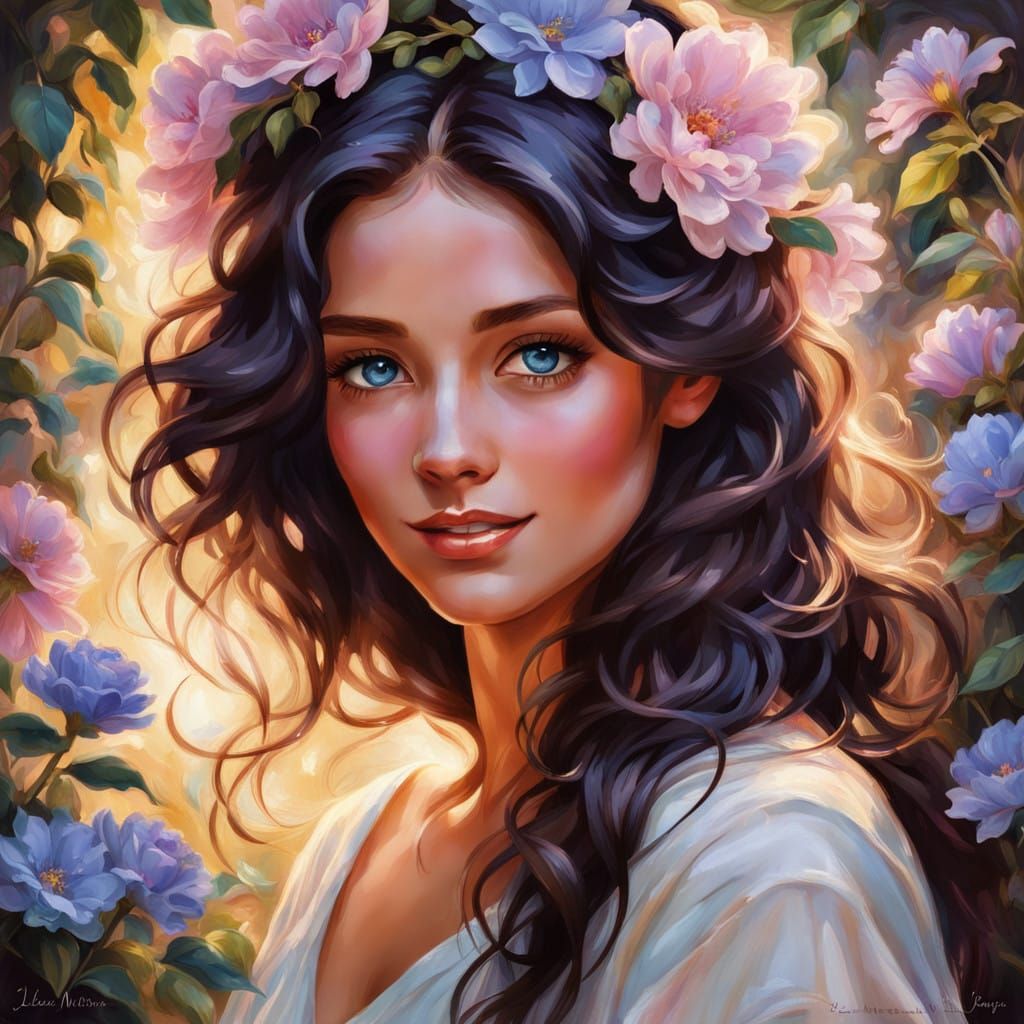 Woman with Sapphire Eyes Smiles in a Vibrant Flower Garden