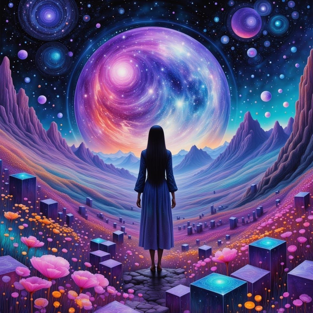 Bioluminescent Cubes in Neon Noir Landscape