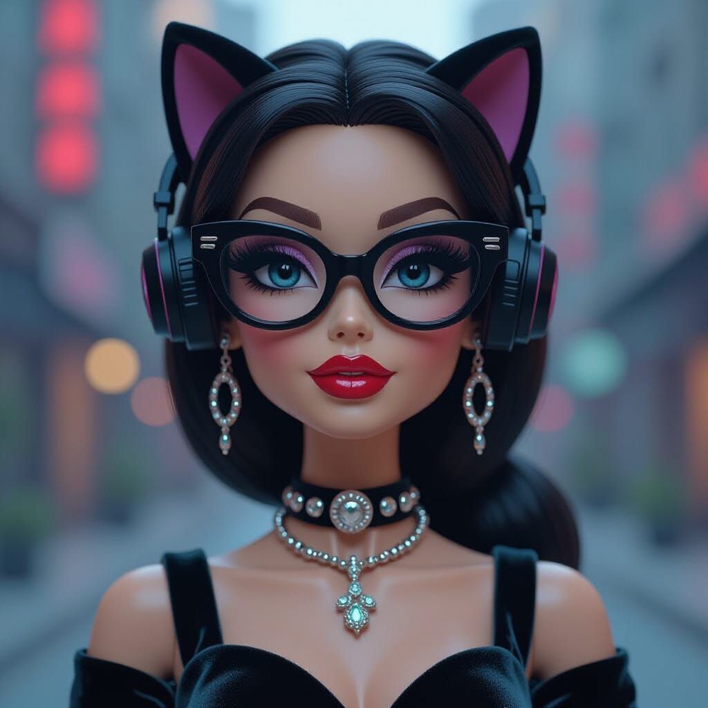 Cyberpunk Muppet Barbie Nekomata in Dystopian Setting