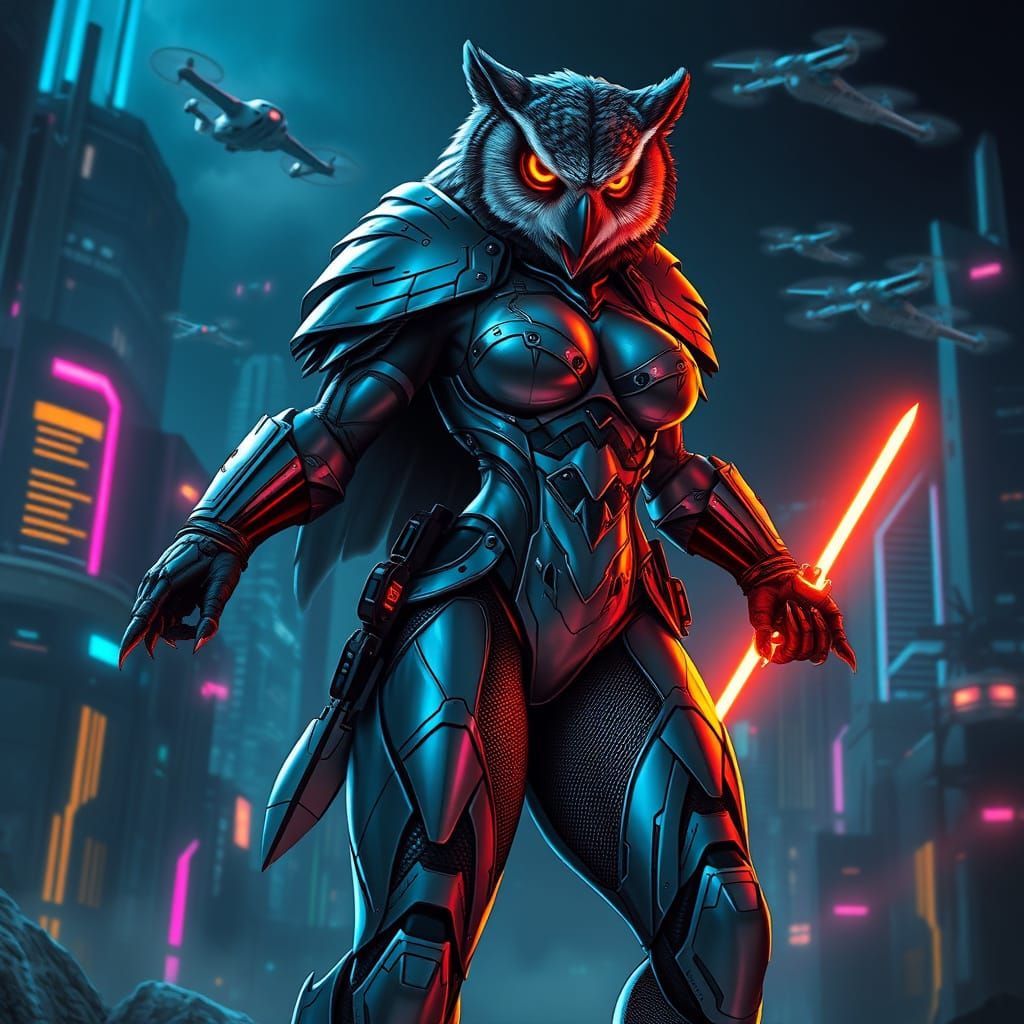 Cyberpunk Owlbear Warrior in Neon Metropolis