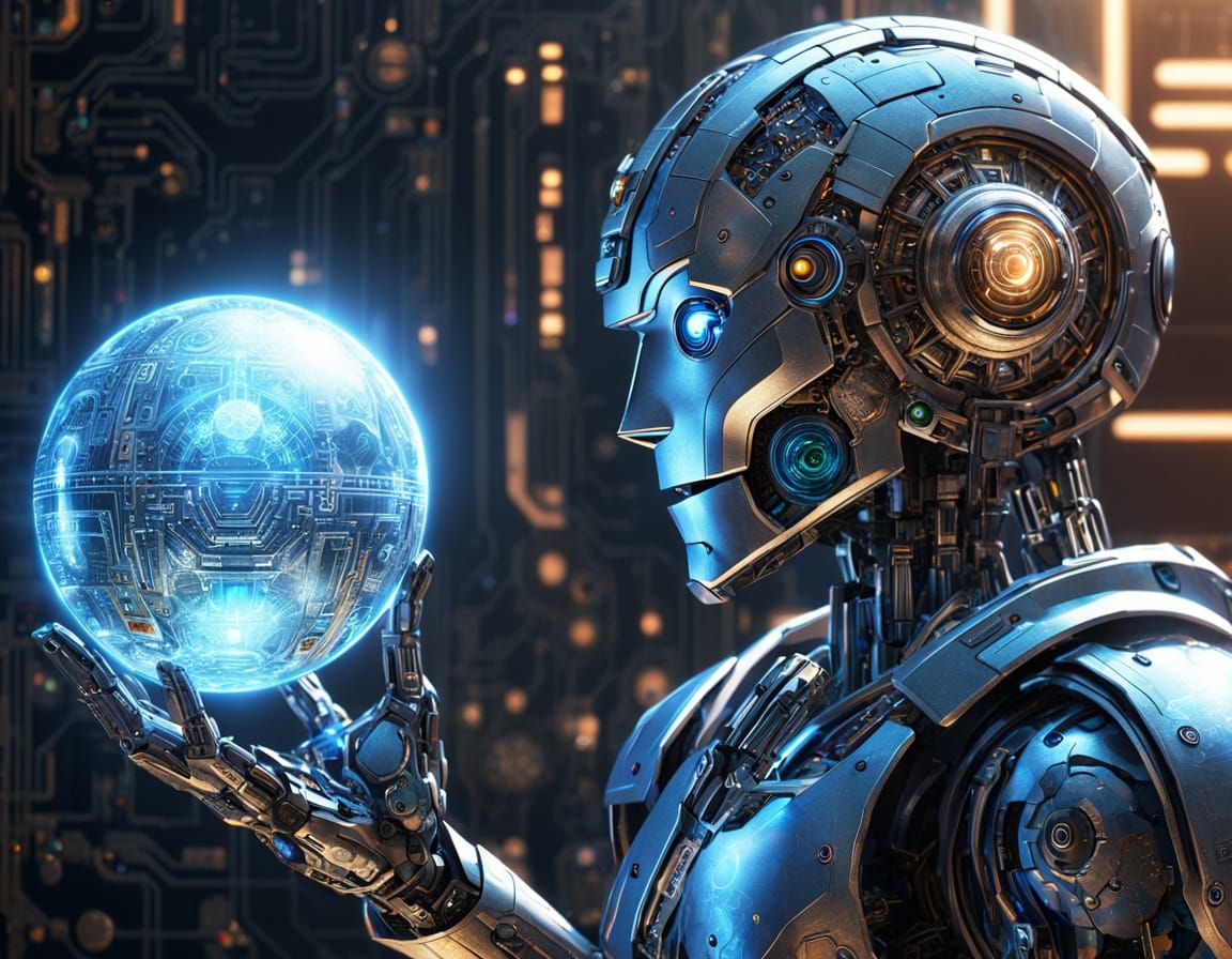 Robot Contemplates Glowing Orb, Sci-Fi Concept Art