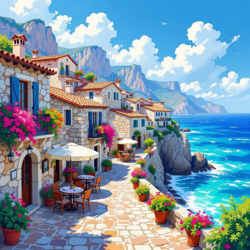 Mediterranean Village as Expressive Brushstroke Painting
