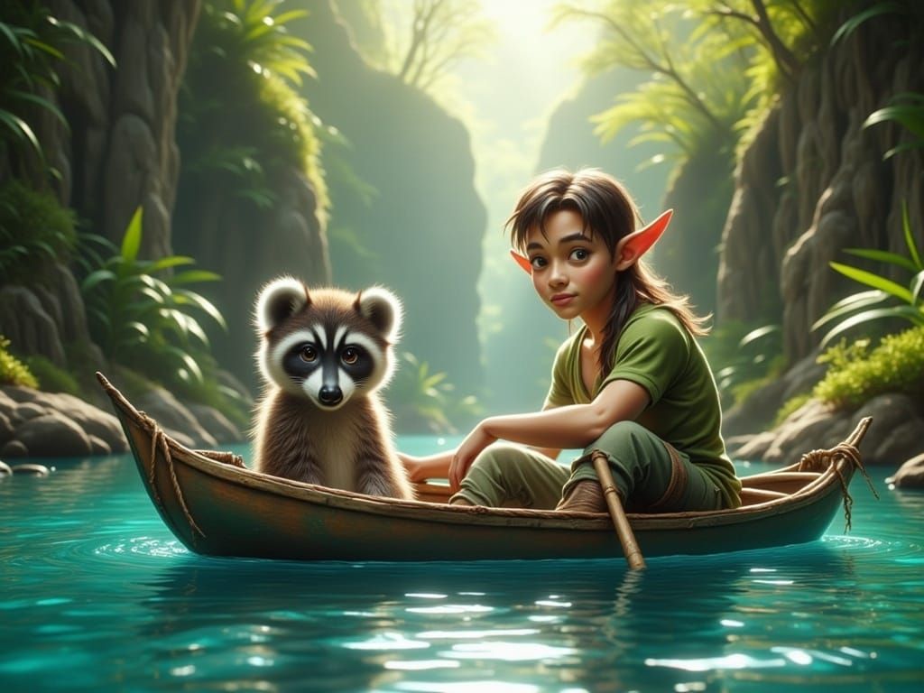 Elf and Raccoon Canoeing in a Fantastical Amazon River Lands...