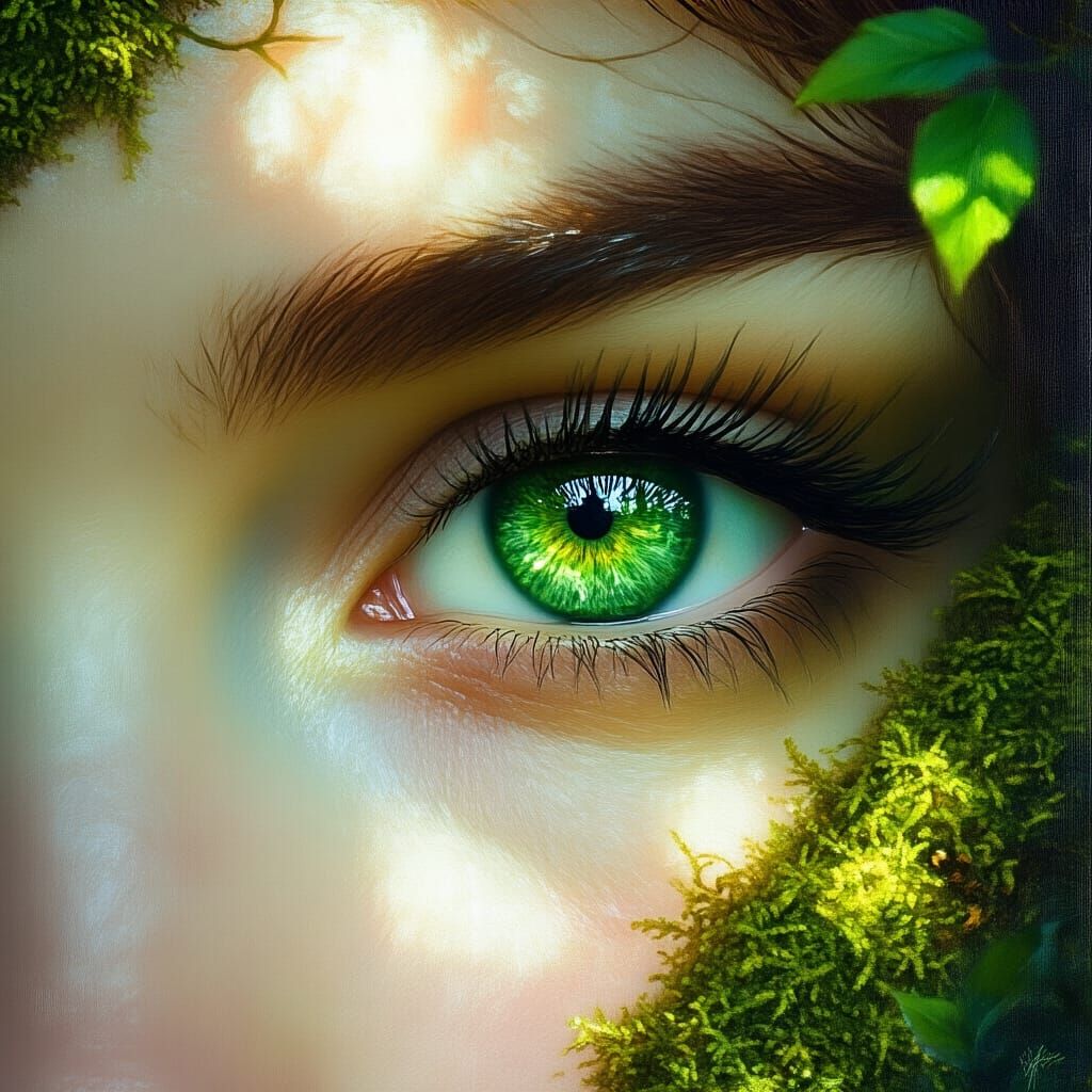 Striking Green Eyes in Mystical Forest Light