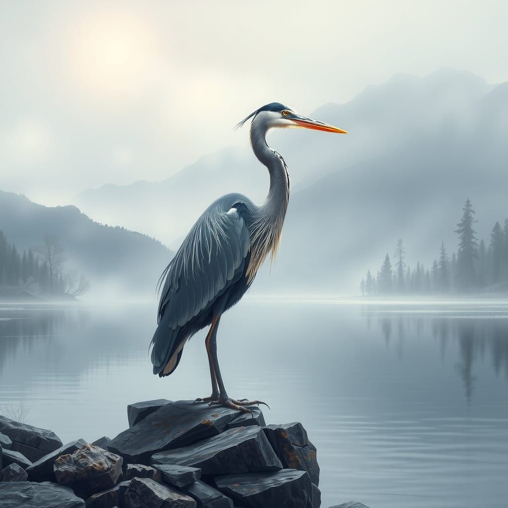 Majestic Great Blue Heron Perched on Rocky Lake Shore