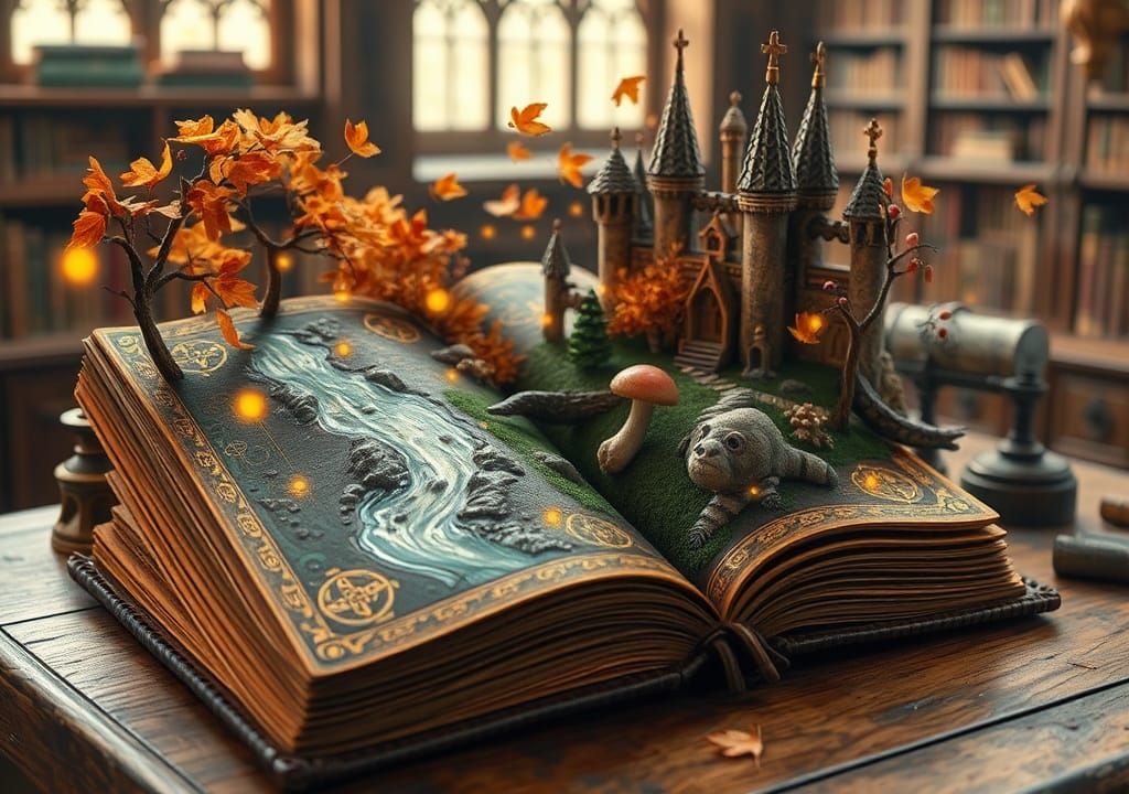 Enchanted Tome in Miniature Castle with Autumnal Forest