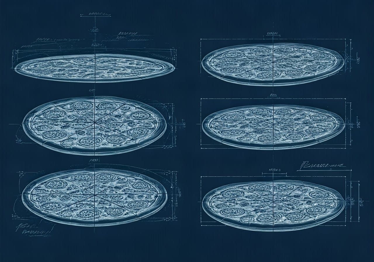Futuristic Technical Diagram of Pizza Dimensions in Blue and...
