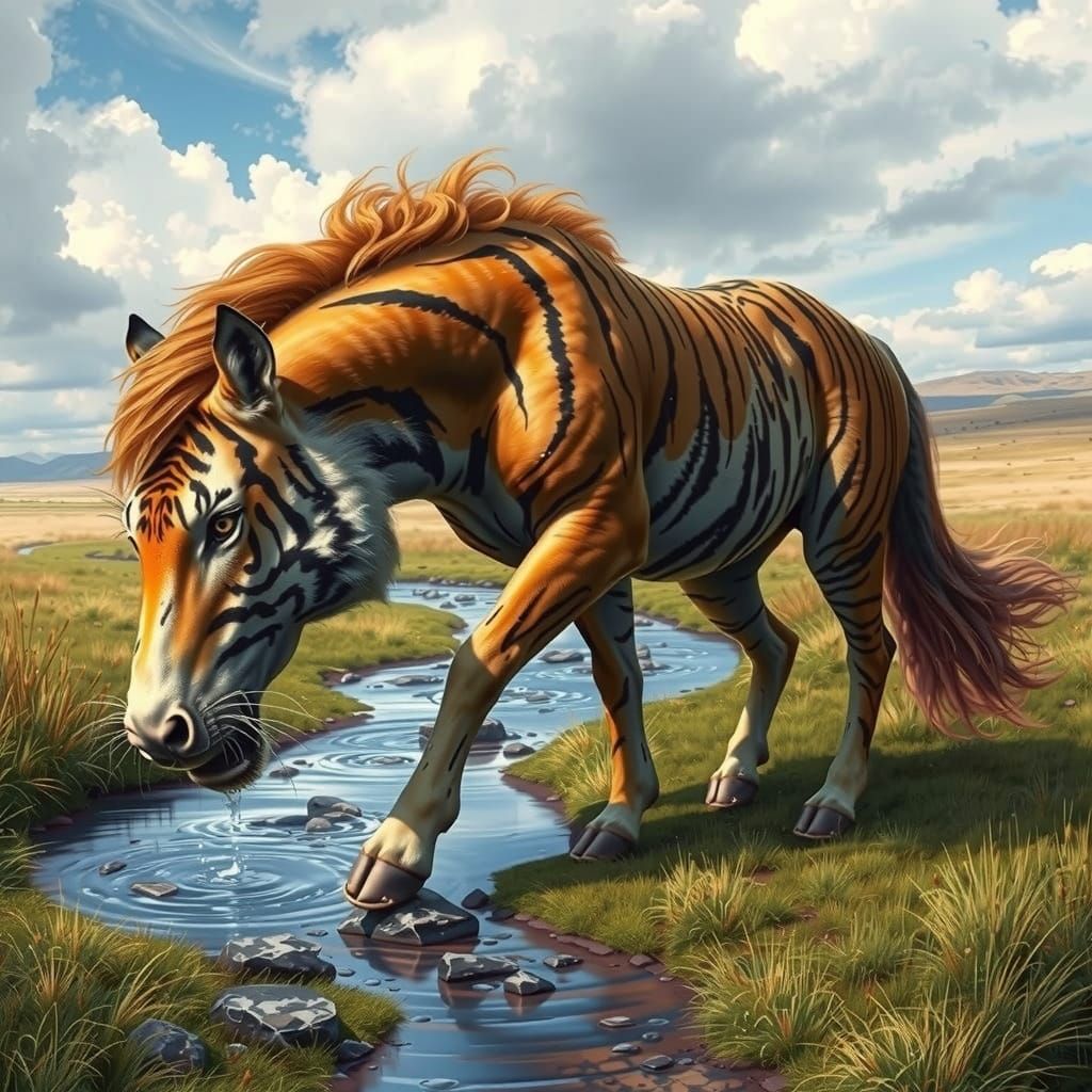 Mythical Equine Feline Sips from Serene Prairie Brook