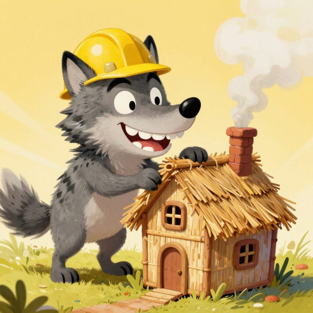 Whimsical Wolf Blows on Miniature Straw House