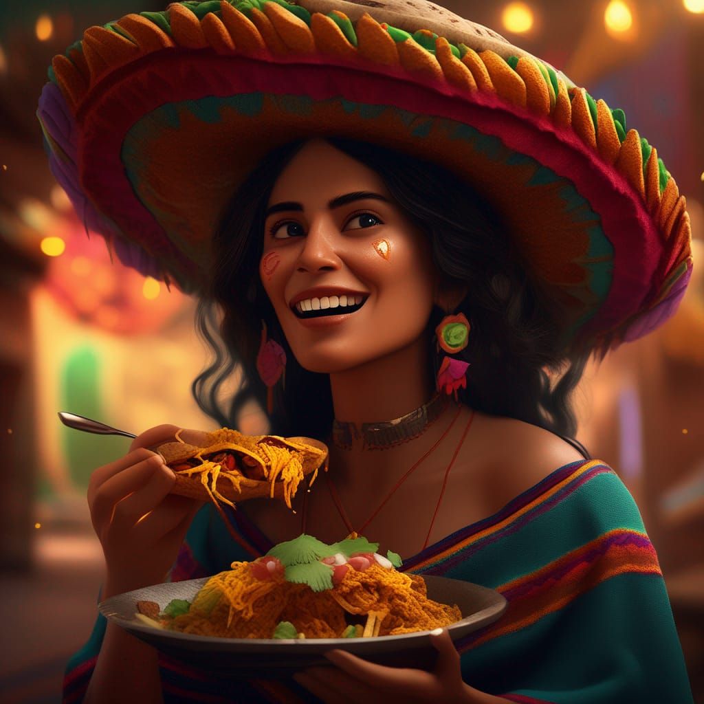 Mexican Woman Eating Taco: Detailed Matte Painting