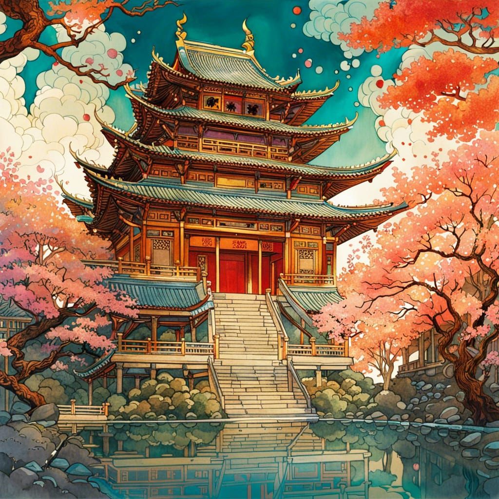 Dragon, Temple, and Sakura Garden in Manga Style