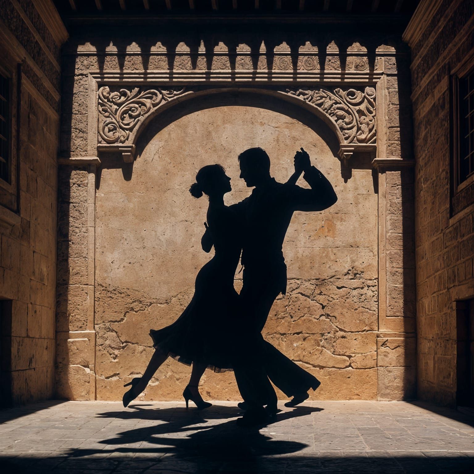 Couple Silhouetted in Salsa Dance on Ancient Spanish Courtya...
