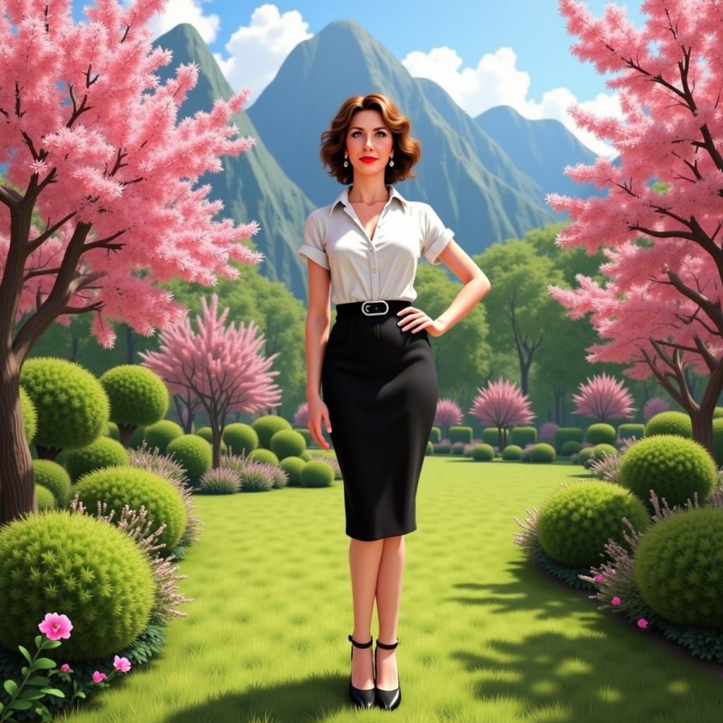 Woman in Garden with Cherry Blossoms