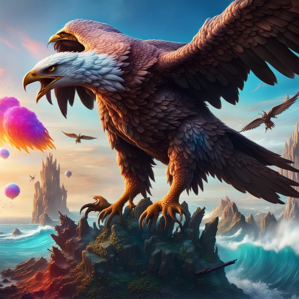Giant Eagle Rising with Weapon on Colorful Planet