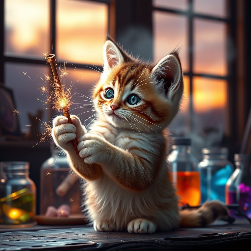 Kitten Wizard Concocts Magic with Colored Sparks