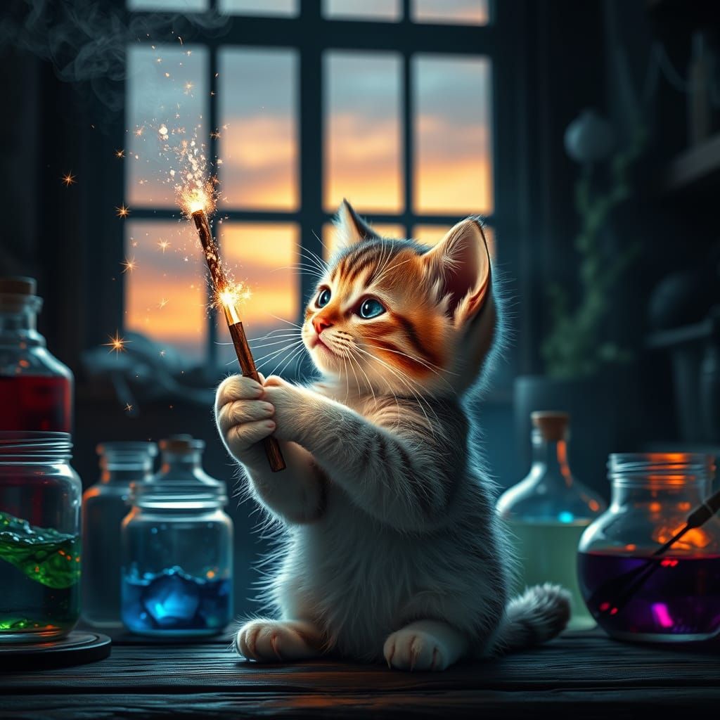 Whimsical Kitten Wields Magic in a Mystical Laboratory