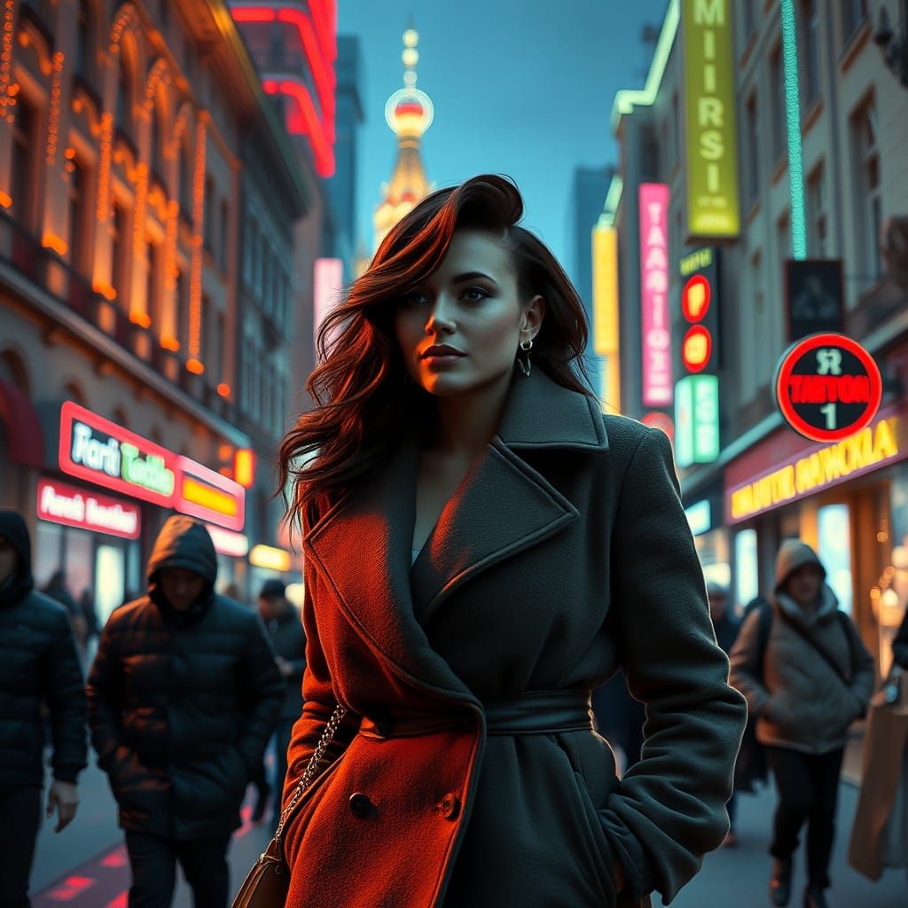 Elegant Woman Walks Moscow Street in Neo-Expressionist Style