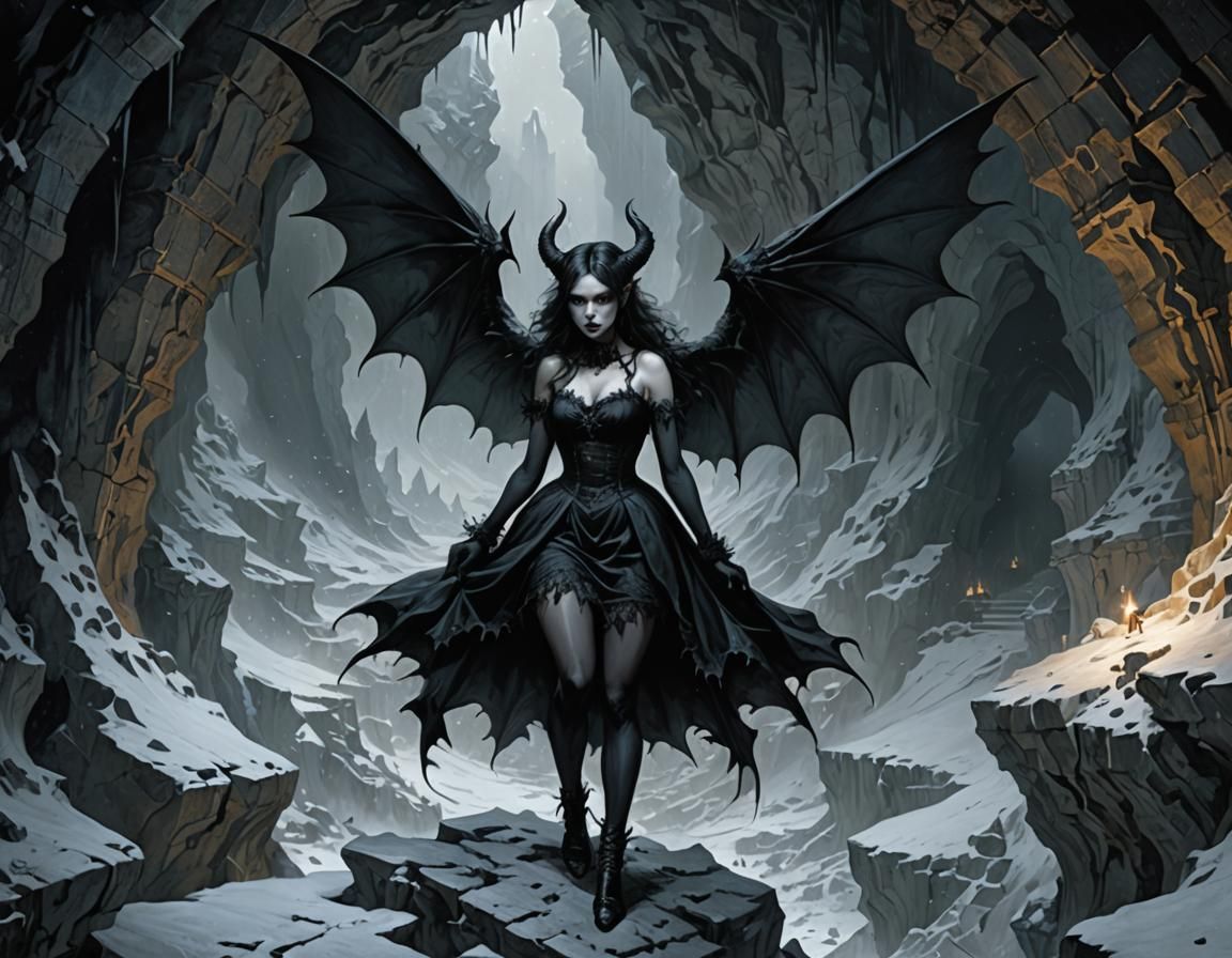 Gothic Girl with Demon Wings in Snowy Cave