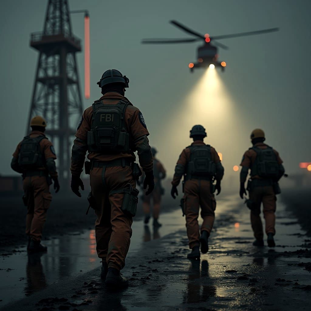 FBI Agents Storm Oil Rig in Dark Fantasy Concept Art