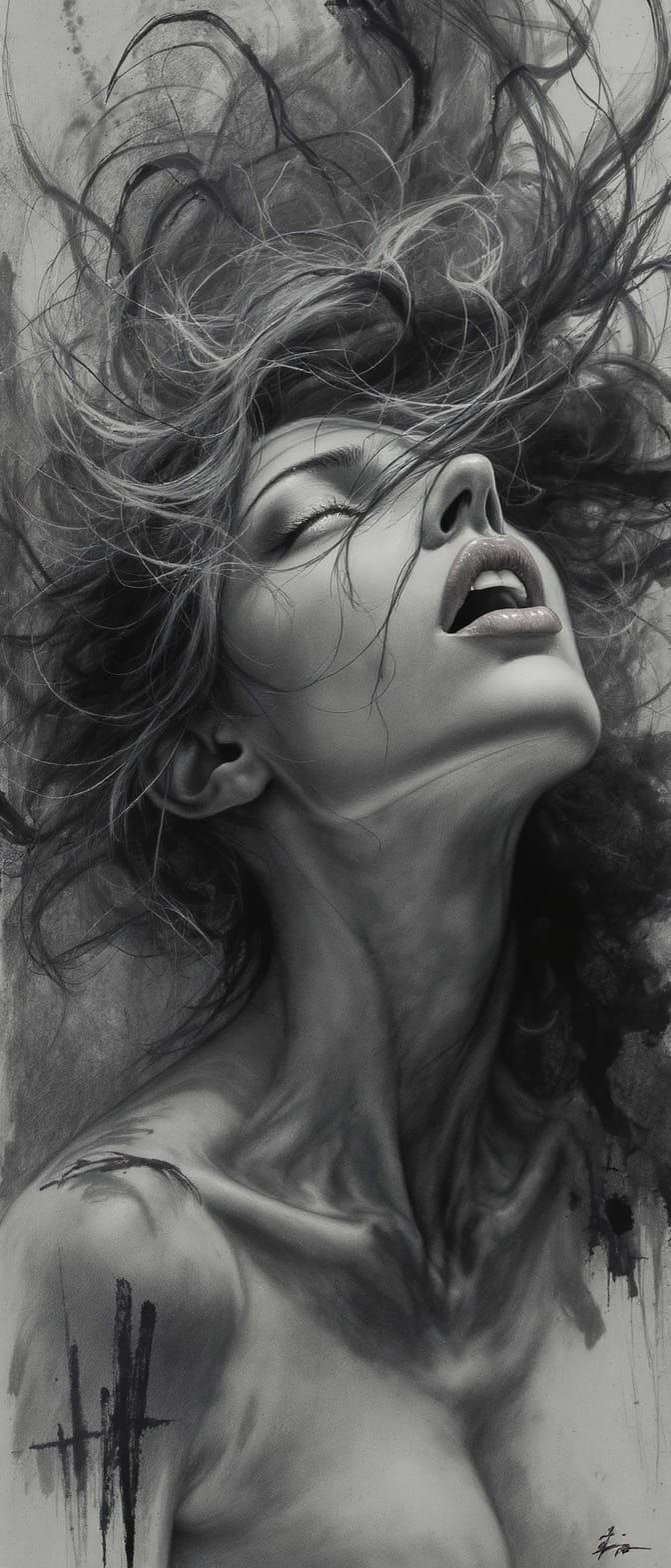 Ethereal Woman in Charcoal Sketch Storm