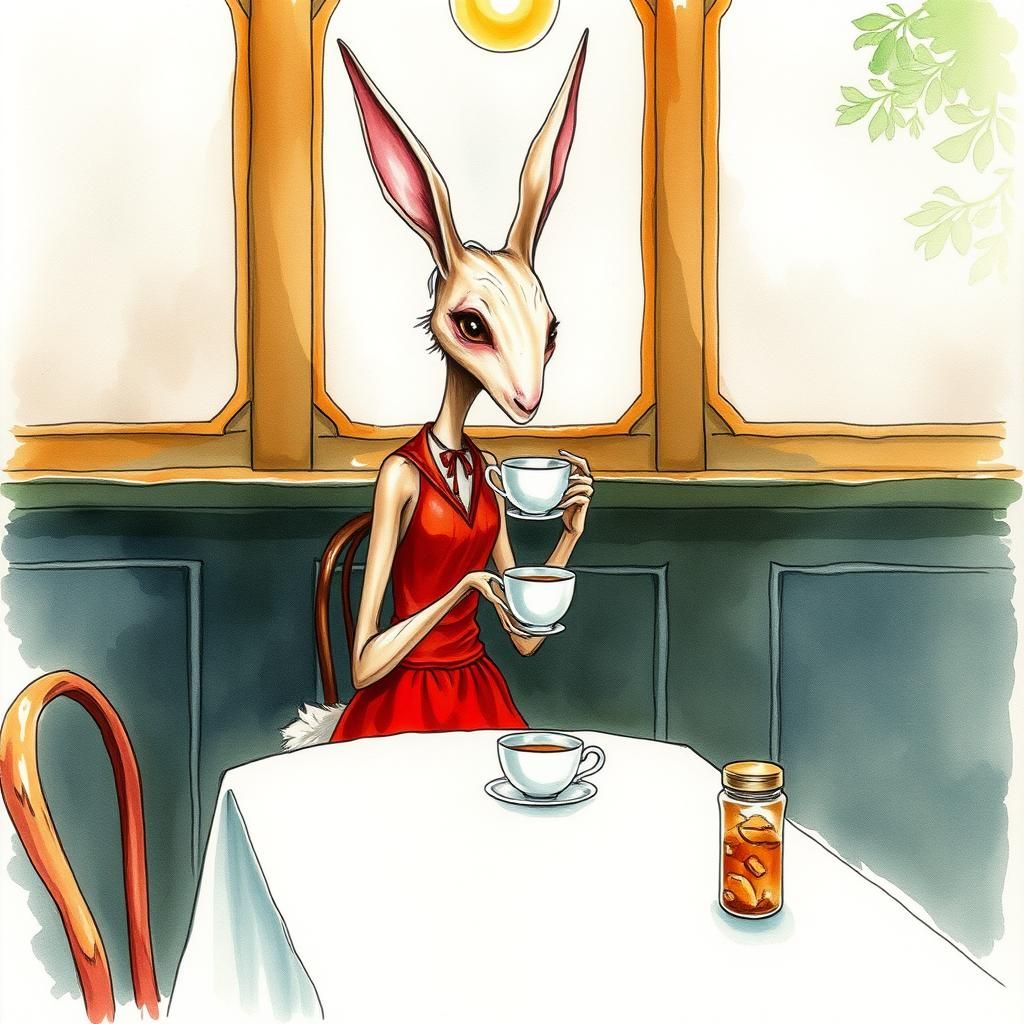 Rabbit Creature Enjoying Tea: Watercolor Illustration