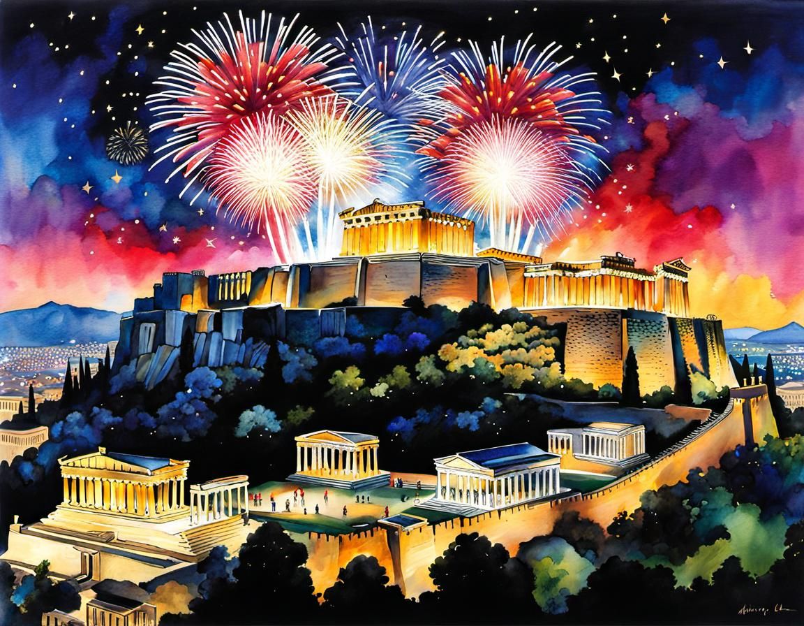 New Year's Eve at Acropolis: Watercolor Fireworks Display