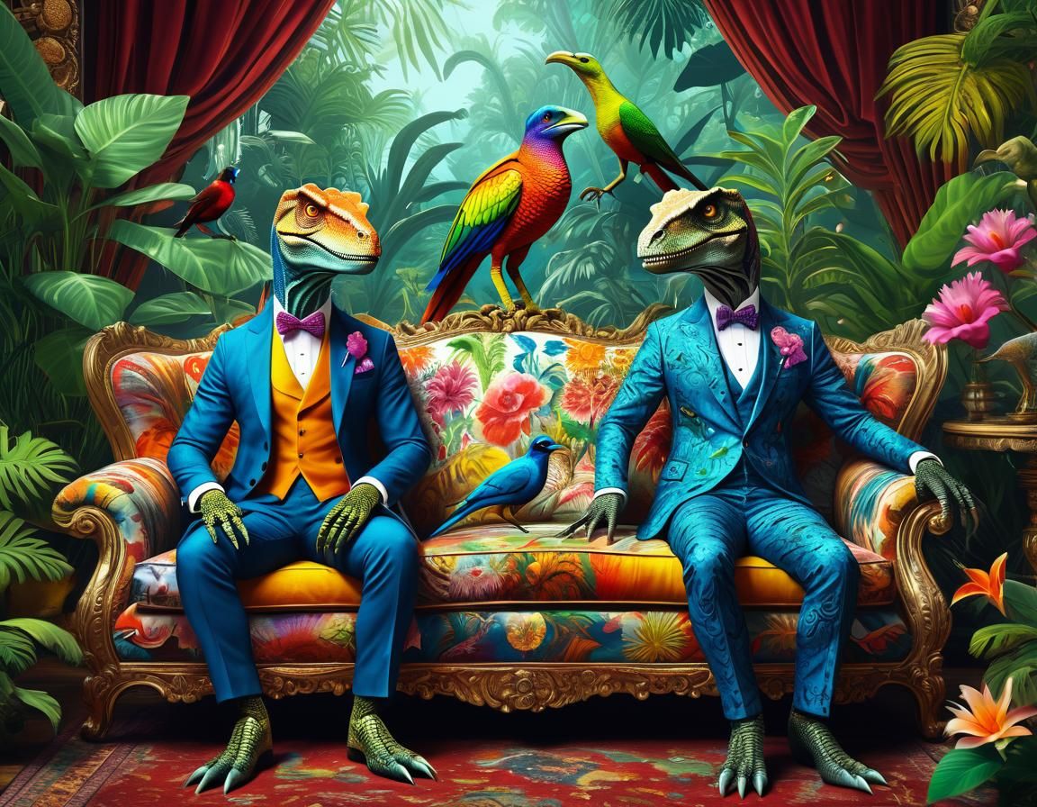 Dinosaurs in Suits: A Whimsical Fantasy Art Scene